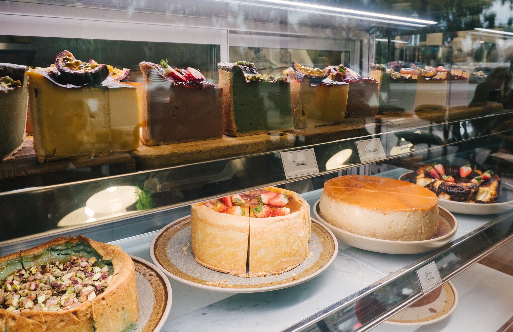 Cakes and tarts inside the display case